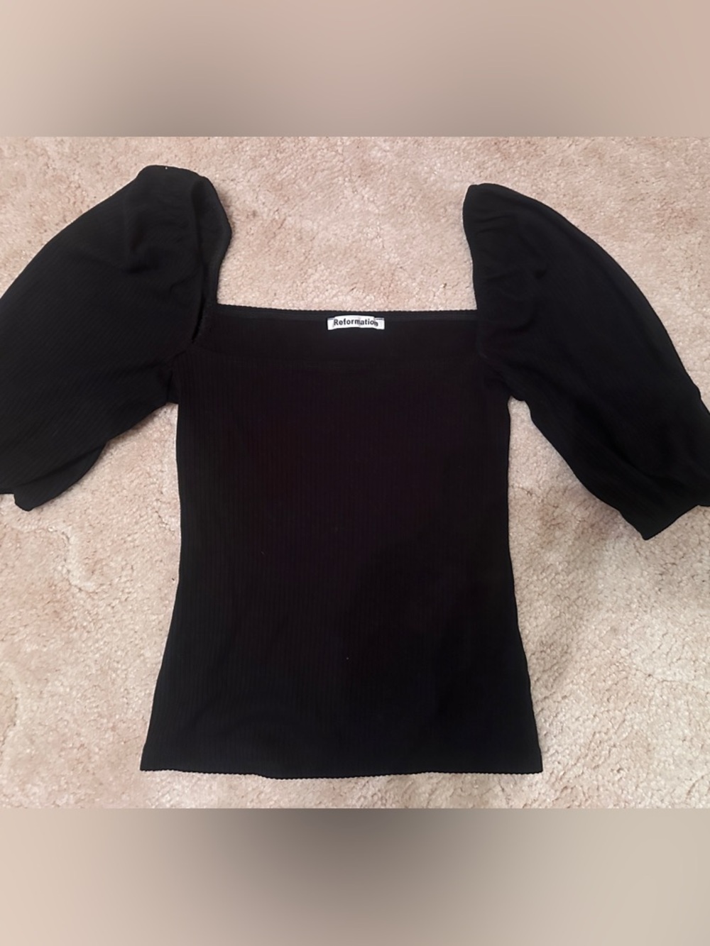 Reformation Black Ribbed Square-Neck Puff Sleeve Top XS